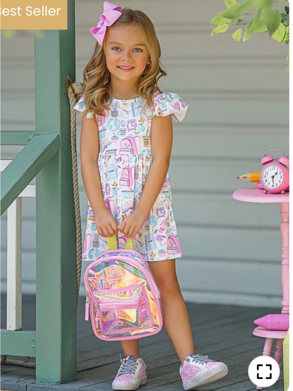 Girls' Pink School Backpack Print Flutter-Sleeve Dress